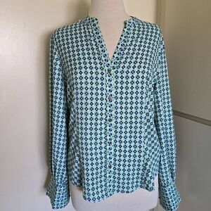 Carolina Belle Montreal Geometric Print Blouse, Blue, Green, White, NWOT, sz. M